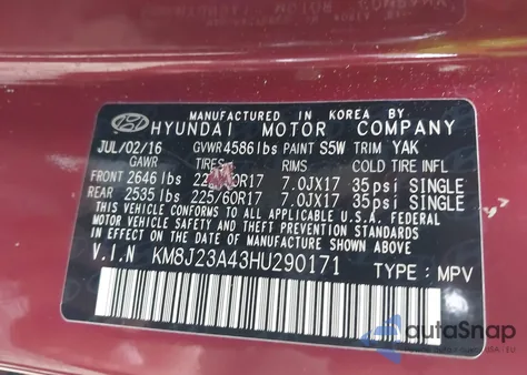 2017 Hyundai Tucson Se from USA, damaged, VIN KM8J23A43HU290171